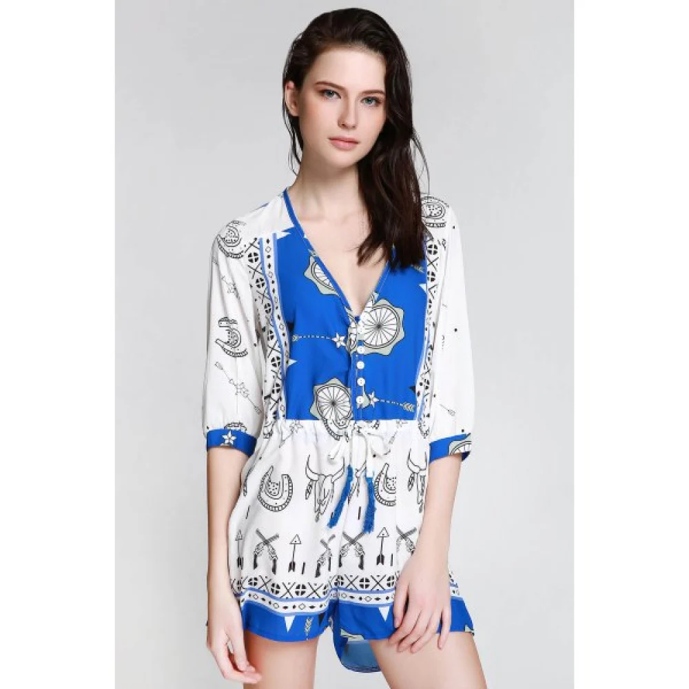 Stylish Plunging Neck 3/4 Sleeve Ethnic Print Women's Playsuit - Blue And White Fansmadedirect