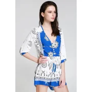 Stylish Plunging Neck 3/4 Sleeve Ethnic Print Women's Playsuit - Blue And White Fansmadedirect