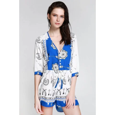 Stylish Plunging Neck 3/4 Sleeve Ethnic Print Women's Playsuit - Blue And White Fansmadedirect