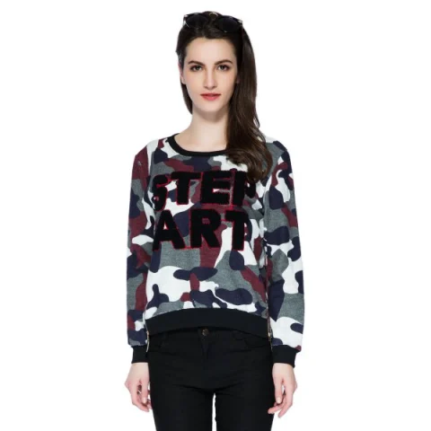 Stylish Scoop Collar Long Sleeve Letter and Camouflage Pattern Women's Sweatshirt - Fansmadedirect