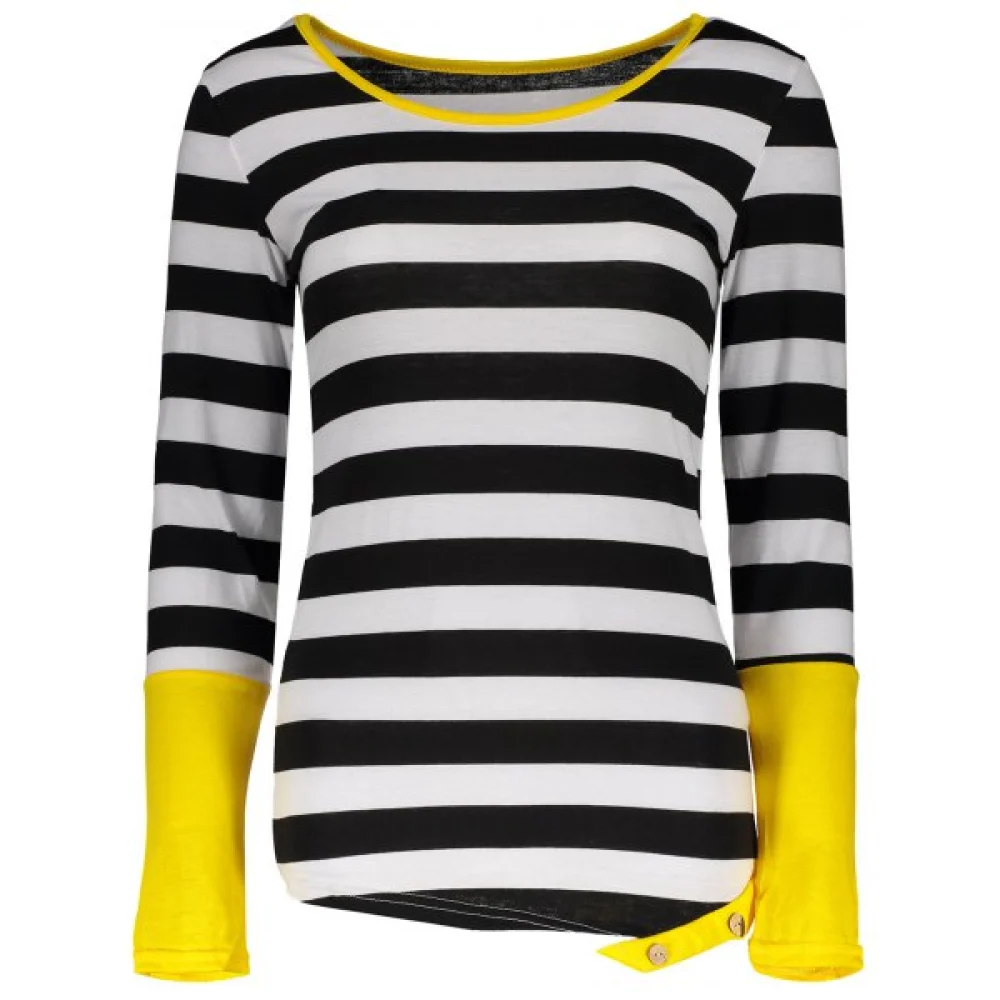 Stylish Scoop Neck Long Sleeve Striped Color Block Women's T-Shirt - Black Fansmadedirect