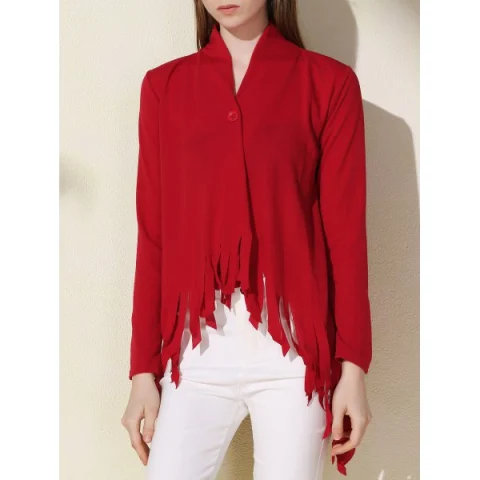 Stylish Solid Color One-Buttoned Long Sleeve Tassel Irregular Cardigan For Women - Wine Red Fansmadedirect