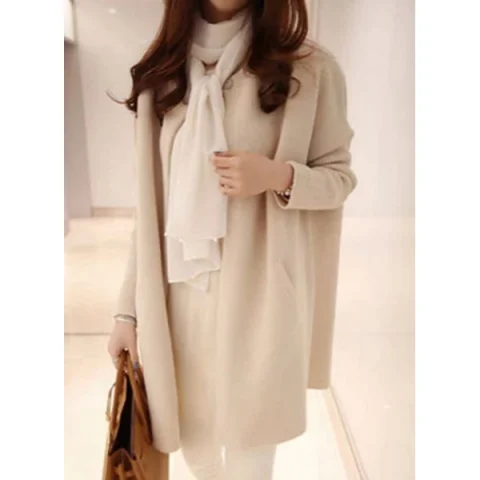 Stylish Women's Scoop Neck Drop Shoulder Solid Color Cardigan - Off-white Fansmadedirect