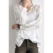 Stylish Women’s V-Neck Long Sleeves Solid Color Lace Splicing Blouse - One Size(fit Size Xs To Fansmadedirect