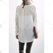 Stylish Women’s V-Neck Long Sleeves Solid Color Lace Splicing Blouse - One Size(fit Size Xs To Fansmadedirect