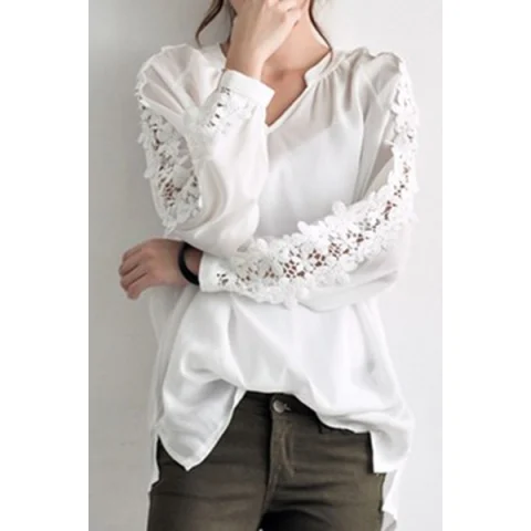 Stylish Women’s V-Neck Long Sleeves Solid Color Lace Splicing Blouse - One Size(fit Size Xs To Fansmadedirect