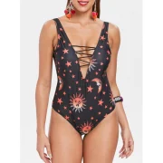 Sun Star Print One-piece Swimsuit - Black Fansmadedirect