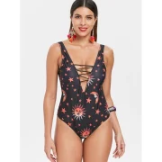 Sun Star Print One-piece Swimsuit - Black Fansmadedirect