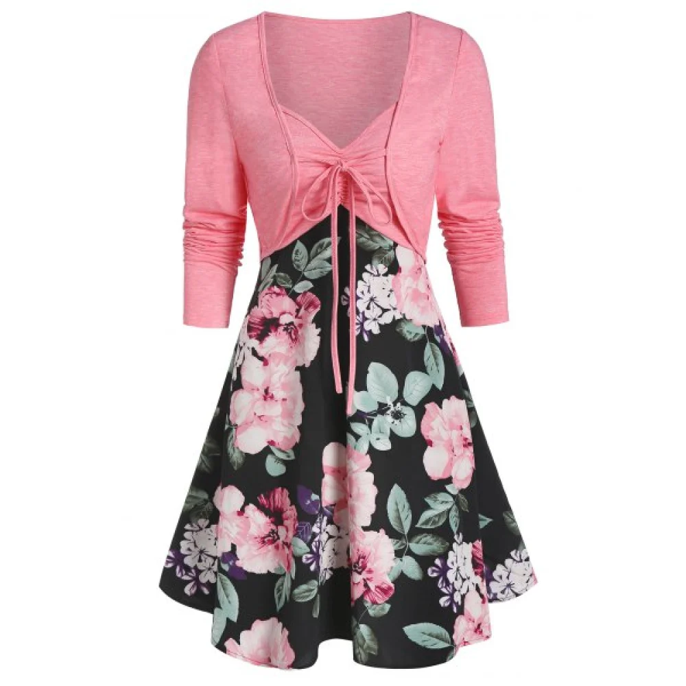Sweetheart Collar Floral Print Dress with Tie T Shirt - Light Pink Fansmadedirect