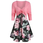 Sweetheart Collar Floral Print Dress with Tie T Shirt - Light Pink Fansmadedirect