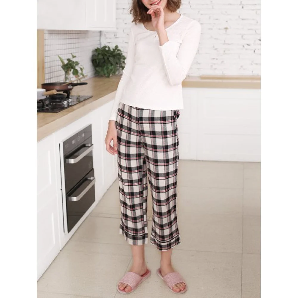 T-shirt and Plaid Pants Sleepwear Set - White Fansmadedirect