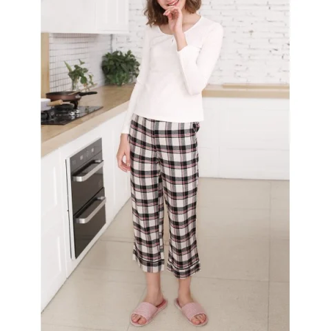 T-shirt and Plaid Pants Sleepwear Set - White Fansmadedirect