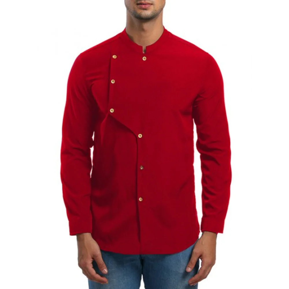 tand Collar olid Button Irregular hirt - Red Fansmadedirect
