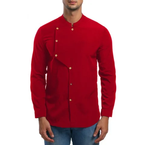 tand Collar olid Button Irregular hirt - Red Fansmadedirect