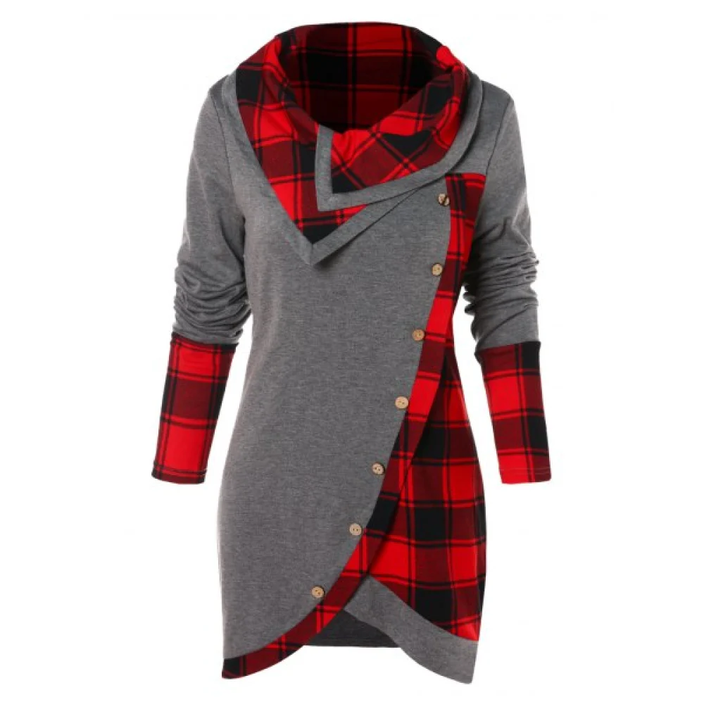 Tartan Panel Long Sleeve Asymmetrical T-shirt - Gray Fansmadedirect