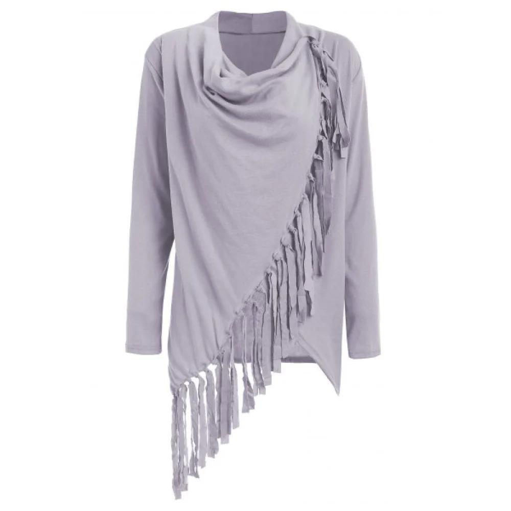 Tassel Asymmetric Long Sleeve Top - Gray Fansmadedirect