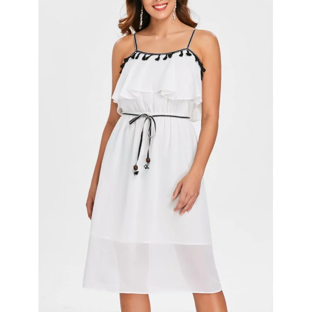 Tassel Brim High Waist Thin Strap Dress - Milk White Fansmadedirect