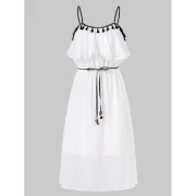 Tassel Brim High Waist Thin Strap Dress - Milk White Fansmadedirect