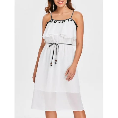 Tassel Brim High Waist Thin Strap Dress - Milk White Fansmadedirect