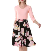Textured Floral Pleated-detail V Neck Dress - Pink Fansmadedirect