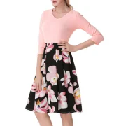Textured Floral Pleated-detail V Neck Dress - Pink Fansmadedirect