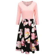 Textured Floral Pleated-detail V Neck Dress - Pink Fansmadedirect