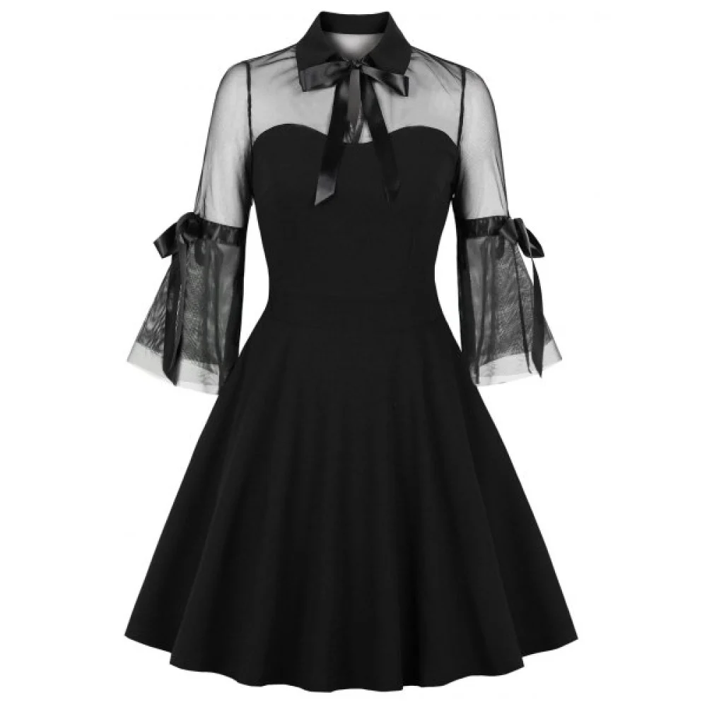 Three Quarter leeve Mesh Panel Dress - Black Fansmadedirect