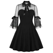 Three Quarter leeve Mesh Panel Dress - Black Fansmadedirect