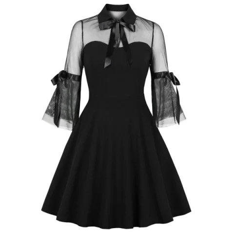 Three Quarter leeve Mesh Panel Dress - Black Fansmadedirect