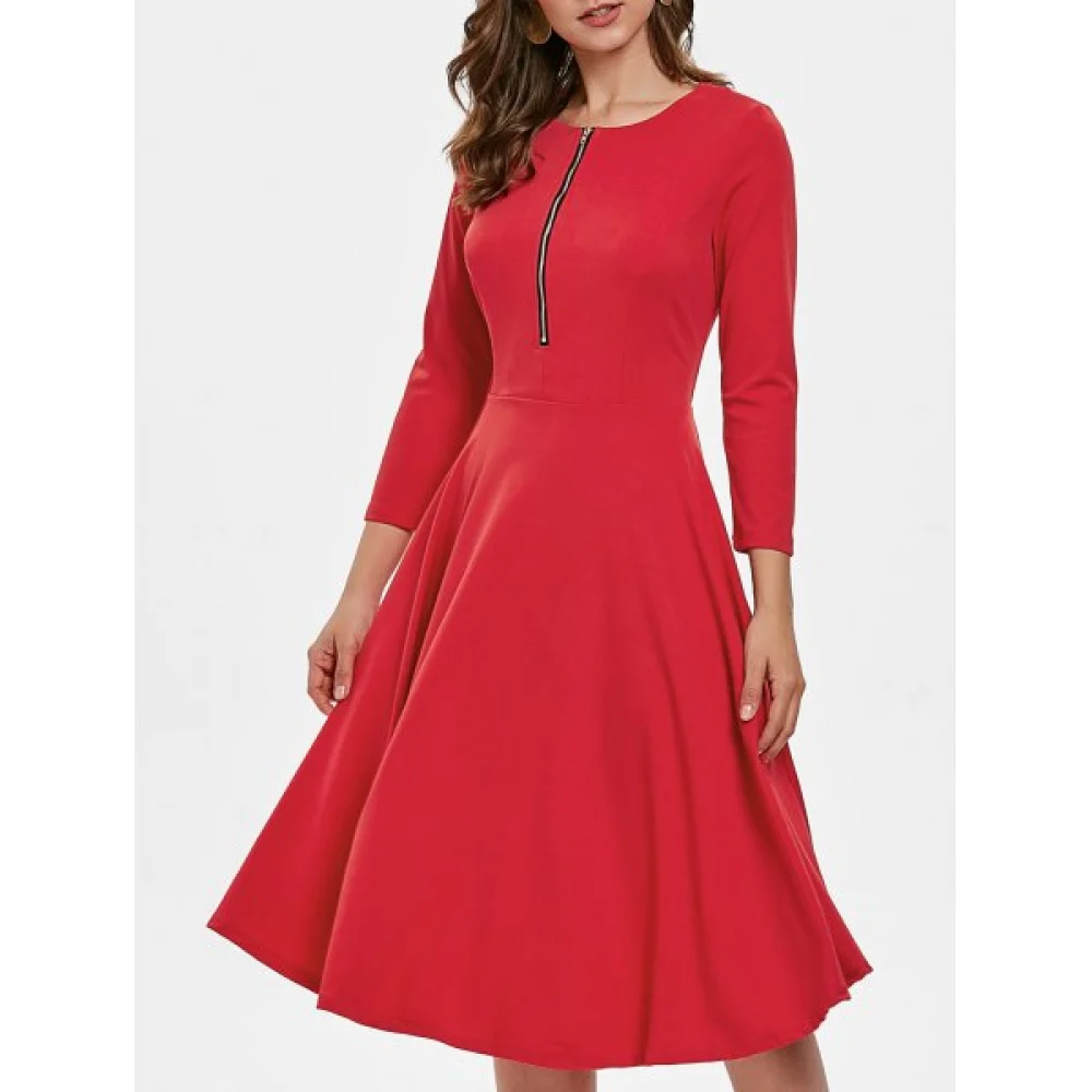 Three Quarter Sleeve Flowing Dress with Zipper - Red Fansmadedirect