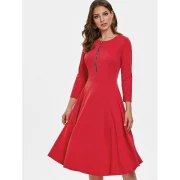 Three Quarter Sleeve Flowing Dress with Zipper - Red Fansmadedirect