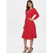 Three Quarter Sleeve Flowing Dress with Zipper - Red Fansmadedirect