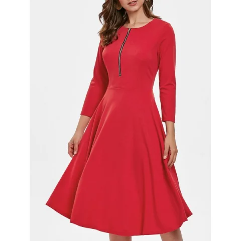 Three Quarter Sleeve Flowing Dress with Zipper - Red Fansmadedirect