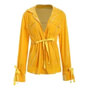 Tie Cuffs Drawstring Waist Velvet Shirt - Yellow Fansmadedirect
