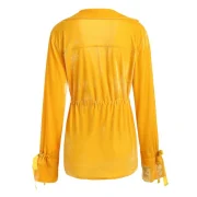 Tie Cuffs Drawstring Waist Velvet Shirt - Yellow Fansmadedirect