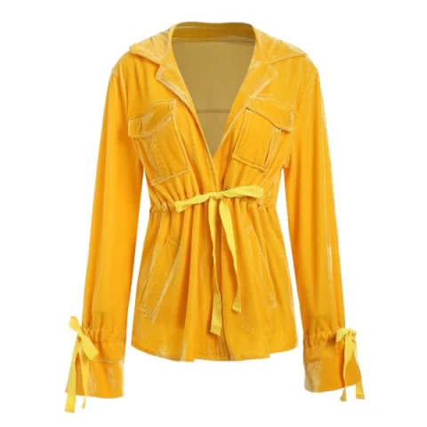 Tie Cuffs Drawstring Waist Velvet Shirt - Yellow Fansmadedirect