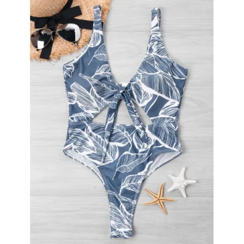 Tie Dye Leaf Print One-piece Swimwear - Blue Gray Fansmadedirect