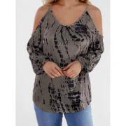 Tie Dye Long Sleeve Cold Shoulder Top - Coffee Fansmadedirect