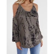 Tie Dye Long Sleeve Cold Shoulder Top - Coffee Fansmadedirect