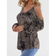 Tie Dye Long Sleeve Cold Shoulder Top - Coffee Fansmadedirect