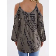 Tie Dye Long Sleeve Cold Shoulder Top - Coffee Fansmadedirect