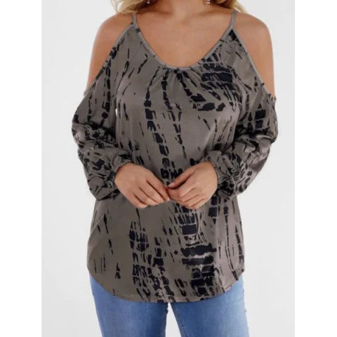 Tie Dye Long Sleeve Cold Shoulder Top - Coffee Fansmadedirect