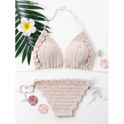 Tie Halter Crochet Bikini et - Apricot Fansmadedirect