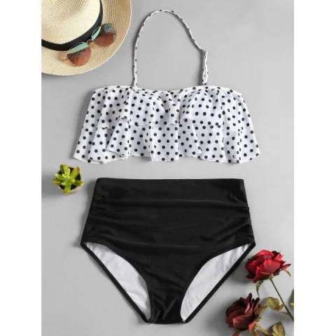 Tier Flounce Polka Dot Bikini - White Fansmadedirect