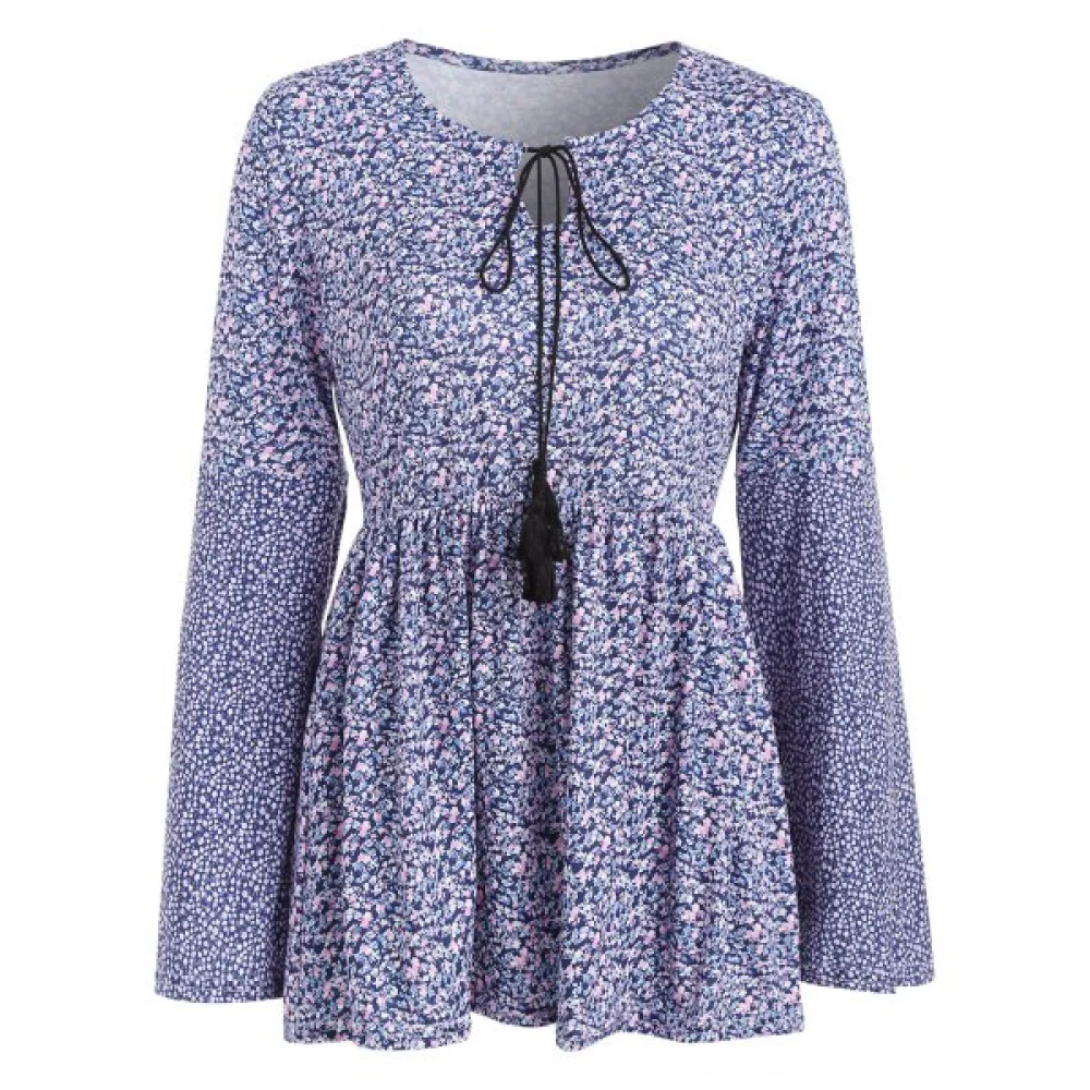 Tiny Floral Print Tie Collar Peplum T-shirt - ulti-b Fansmadedirect