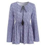 Tiny Floral Print Tie Collar Peplum T-shirt - ulti-b Fansmadedirect