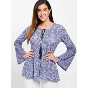 Tiny Floral Print Tie Collar Peplum T-shirt - ulti-b Fansmadedirect