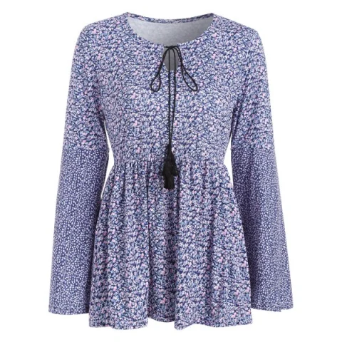 Tiny Floral Print Tie Collar Peplum T-shirt - ulti-b Fansmadedirect