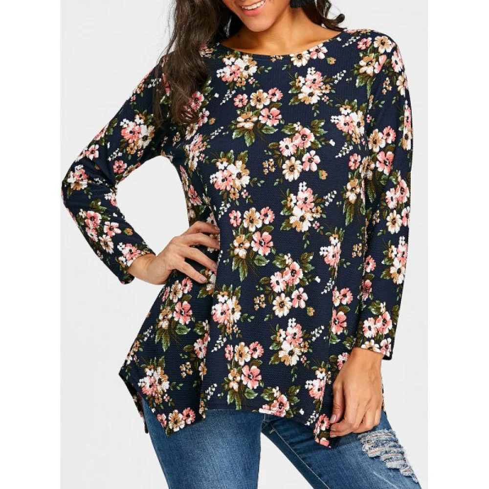 Tiny Floral Printed Asymmetrical T-shirt - Purplish Blue Fansmadedirect