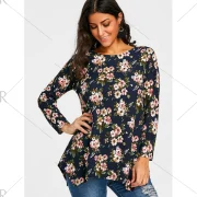 Tiny Floral Printed Asymmetrical T-shirt - Purplish Blue Fansmadedirect
